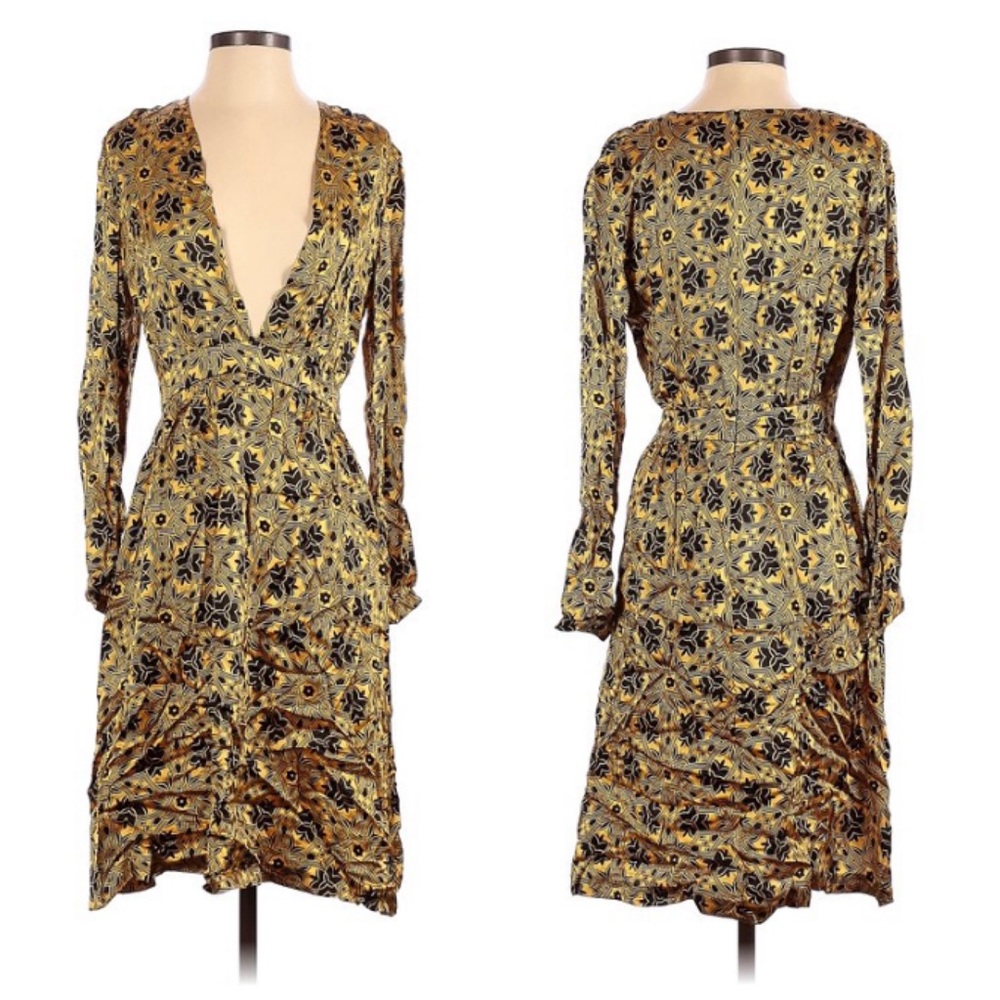 Nieves Lavi Yellow Silk Nouveau Pattern Long Sleeve Dress